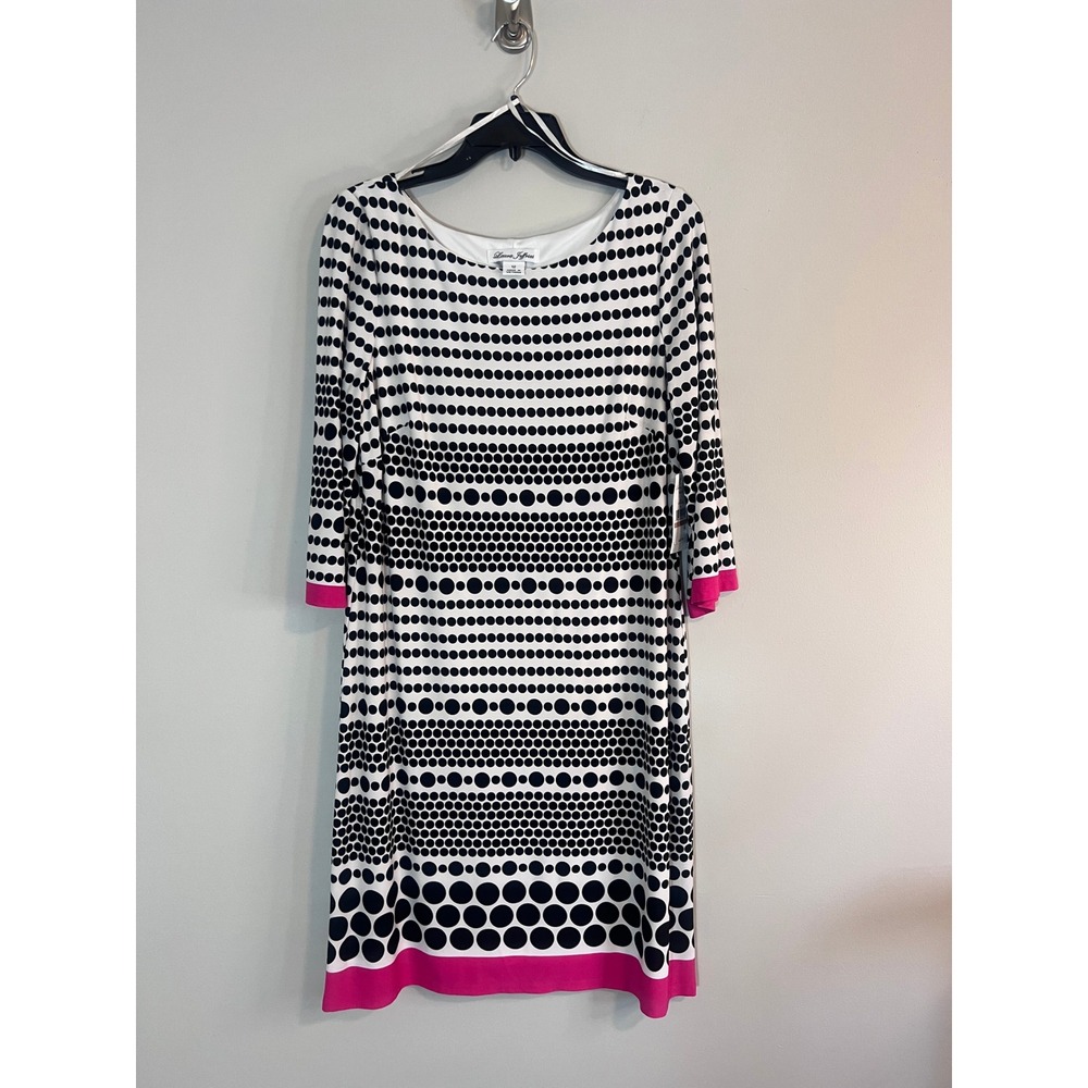Laura Jeffries Polka Dot Sheath Dress Pink Trim 3/4 Sleeve  Size 12